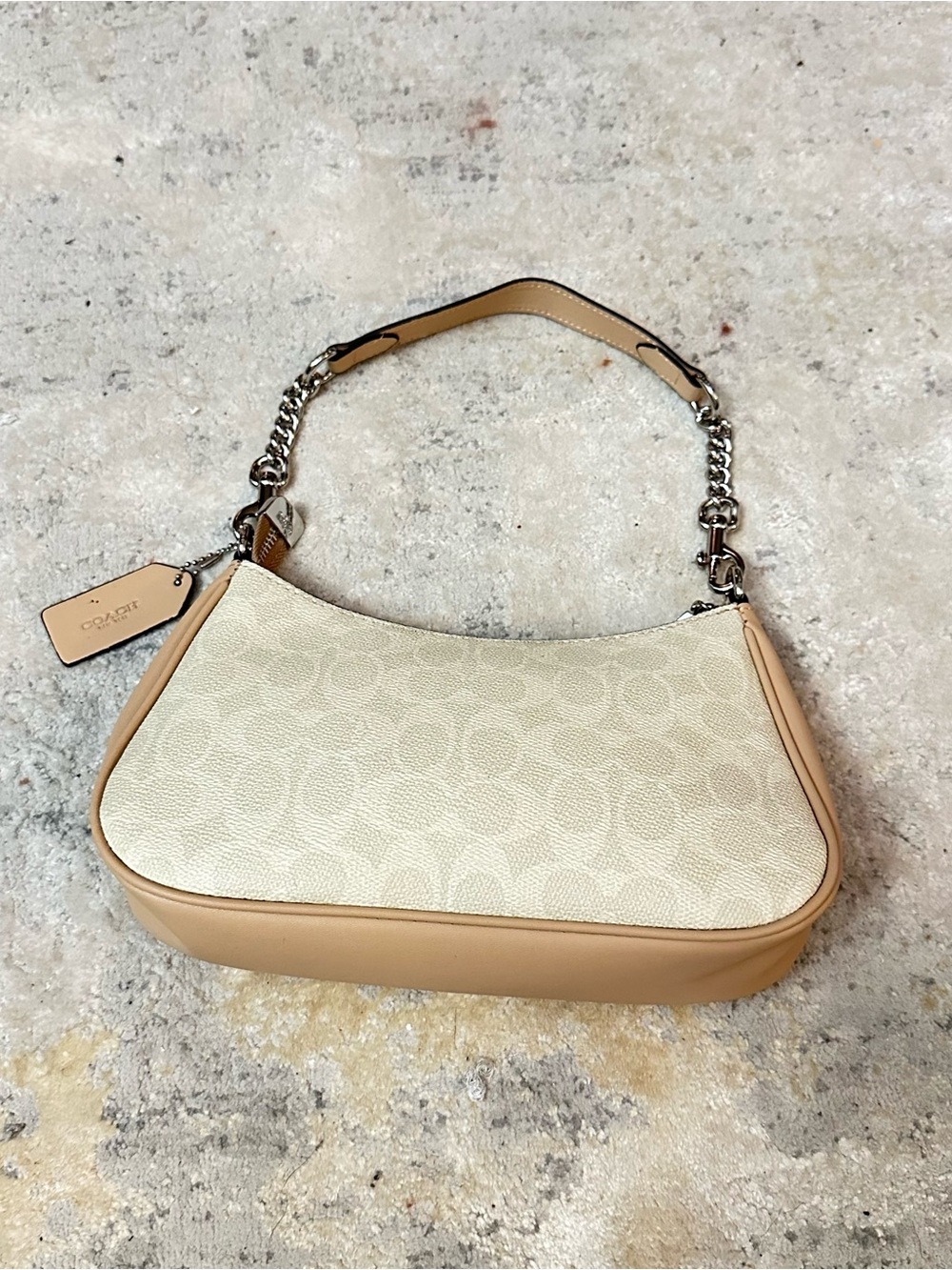 Coach Cream Signature Jacquard Shoulder Bag with Tan Trim
